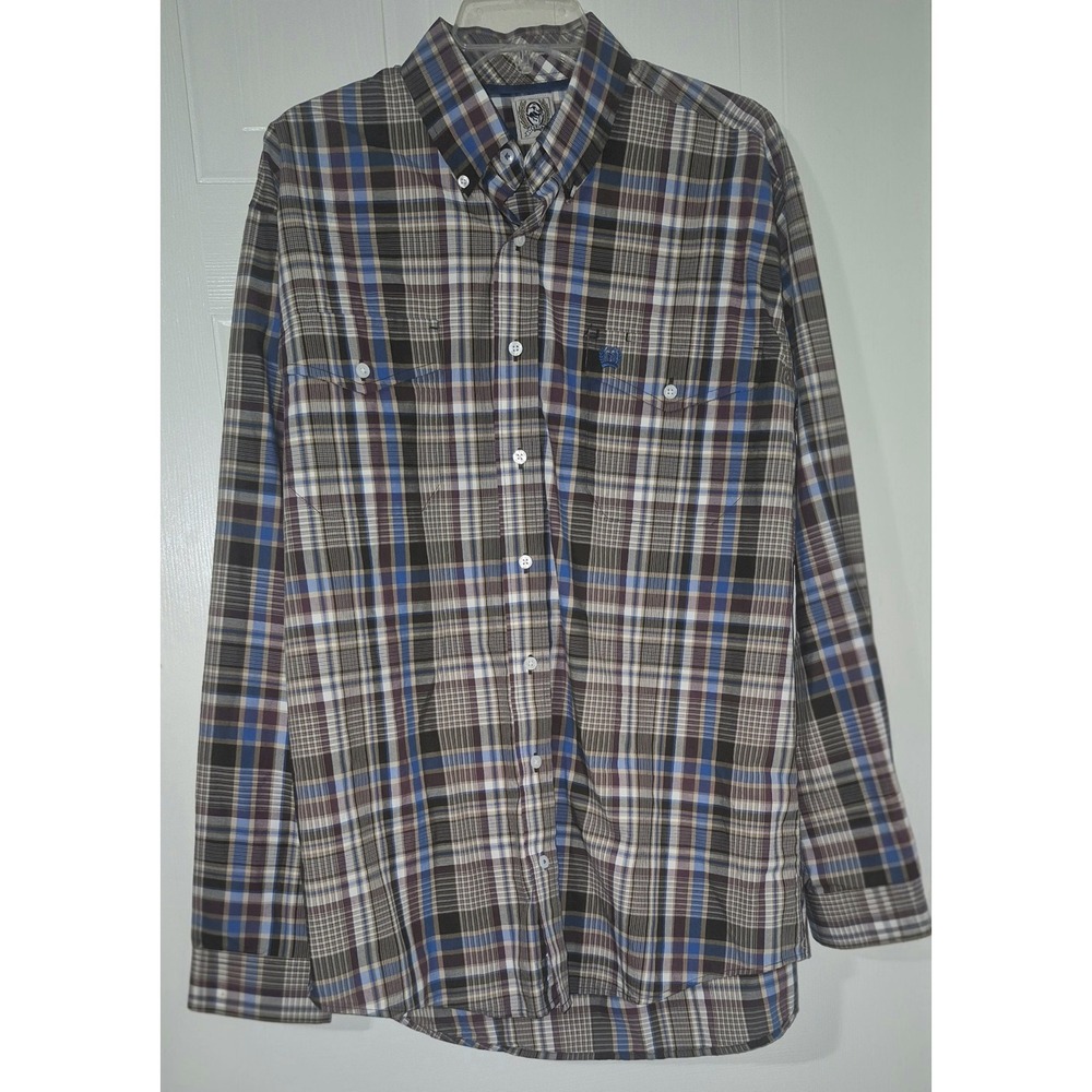 Cinch Mens Button Down Western Shirt Blue Brown Plaid XL Long Sleeve Cotton